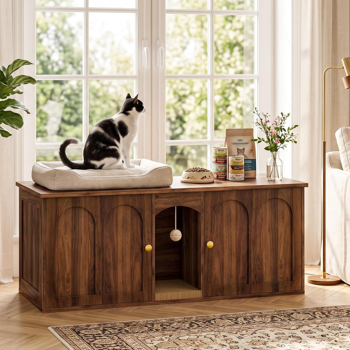 CHOEZON 47.2'' Cat Litter Box Enclosure for 2 Cats with Scratch Pad, Walnut