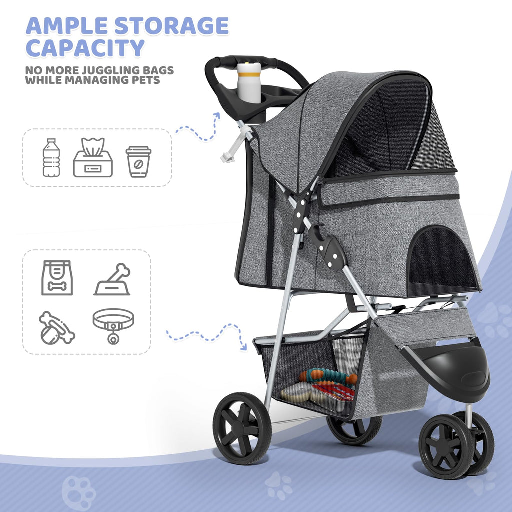 Magshion 3-Wheel Pet Stroller for Small/Medium Dogs Cats, Up to 33lbs, Gray