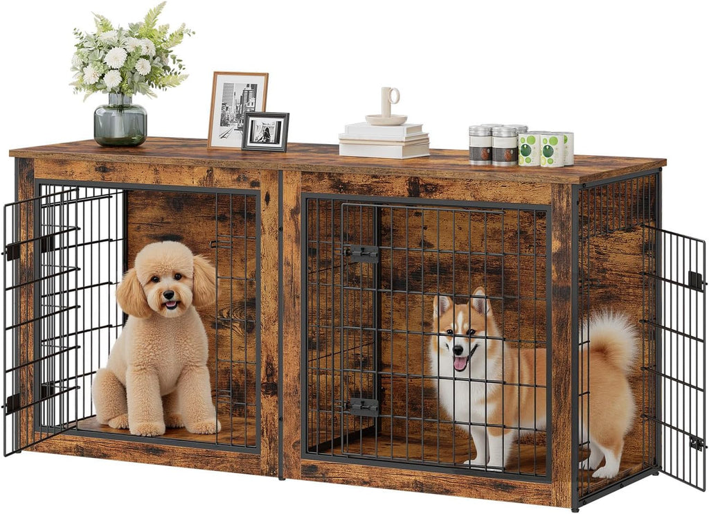 HOOBRO Dog Crate Furniture for 2 Dogs, 63" Large Double Dog Crate Furniture with Divider, Wooden Indoor Kennel TV Stand 
