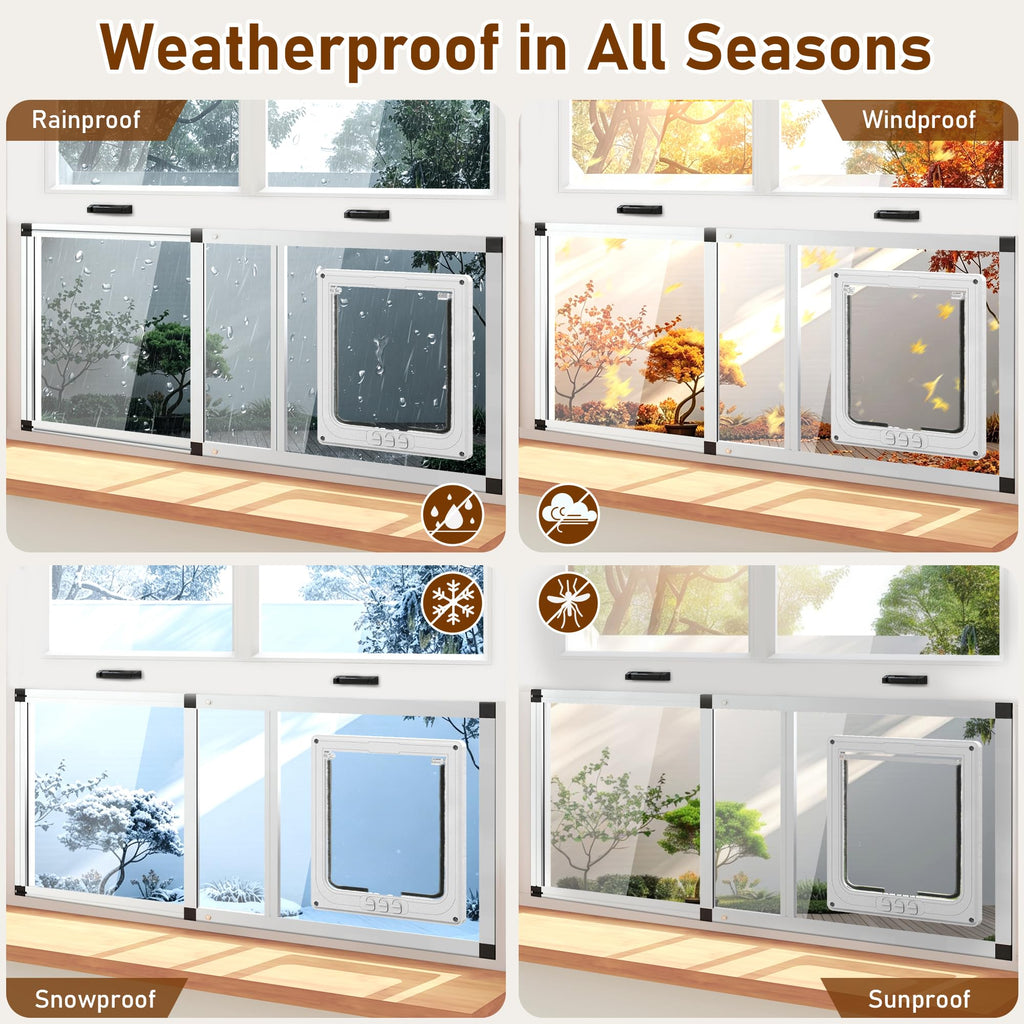 Full Glass Cat Door for Window,32"-37" Adjustable Width,1-Min Install | 4 Locking Modes,Aluminum Frame,HD Glass,Magnetic Closure,Weatherproof Sliding Pet Door Window Insert for Cats Catio