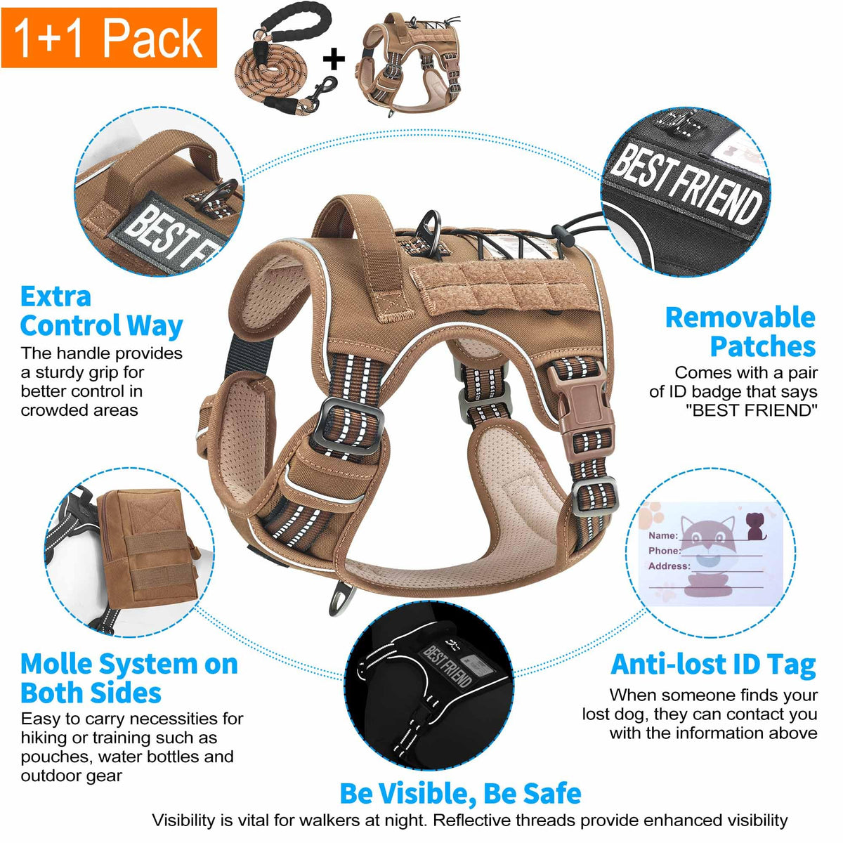 Beebiepet Tactical No Pull Dog Harness with Leash, Large, Brown