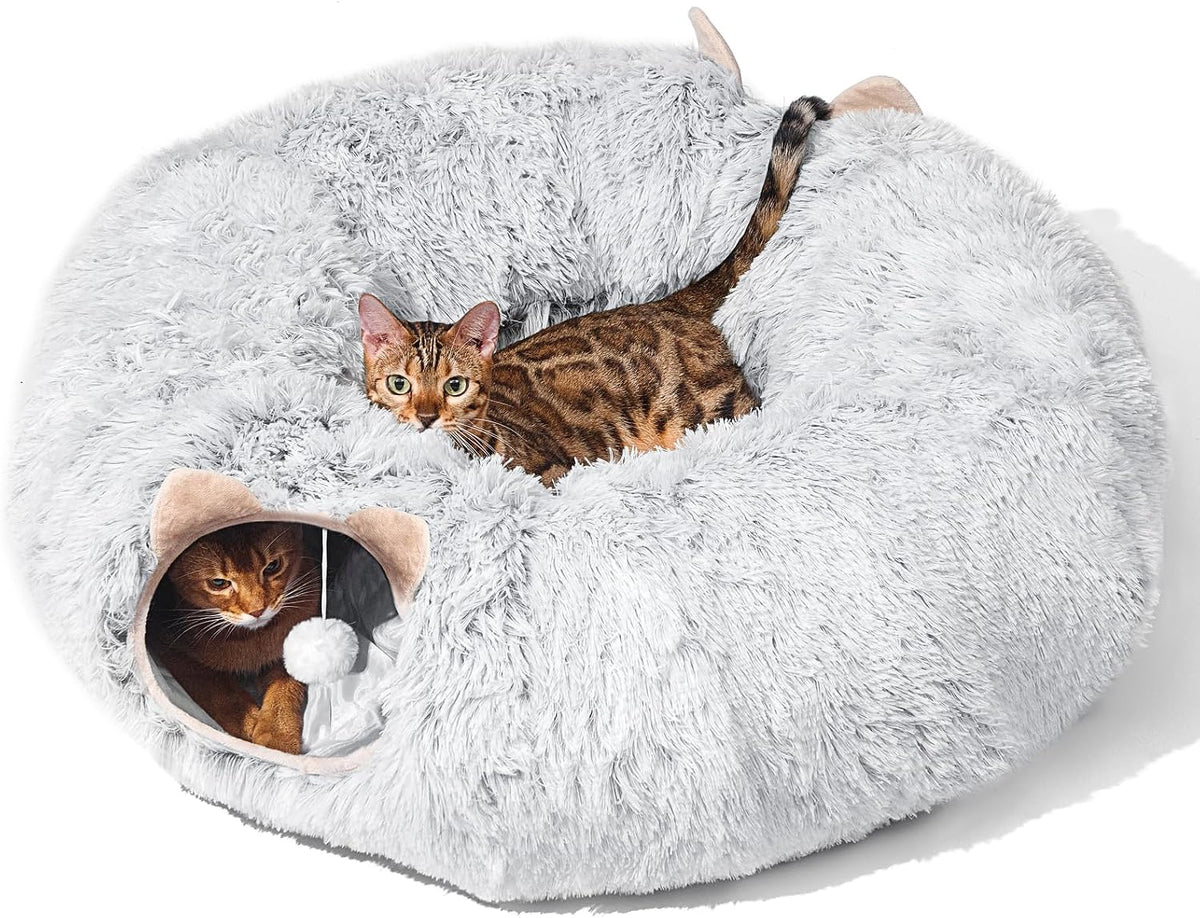 Cat Tunnel with Cat Bed for Indoor Cats, Under Christmas Tree Soft Plush Peekaboo Cat Cave Donut Tunnel, Multifunctional