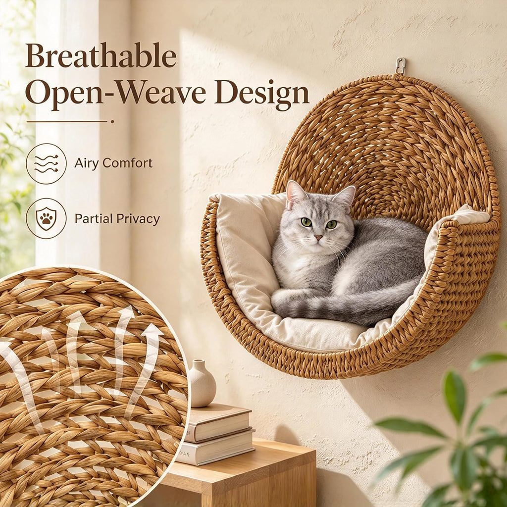 Wooden Handwoven Hanging Cat Bed, Boho Wall Mounted Cat Perch
