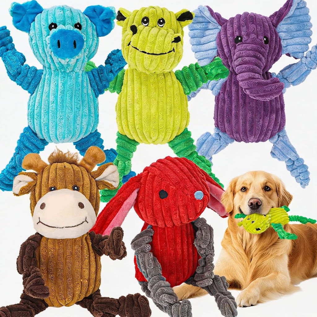 5 pack Large dog Squeaky Toys,Tough Stuffed Plush dog chew Toys Assortment ,Durable plush Animal dog Toys with Tug of Wa