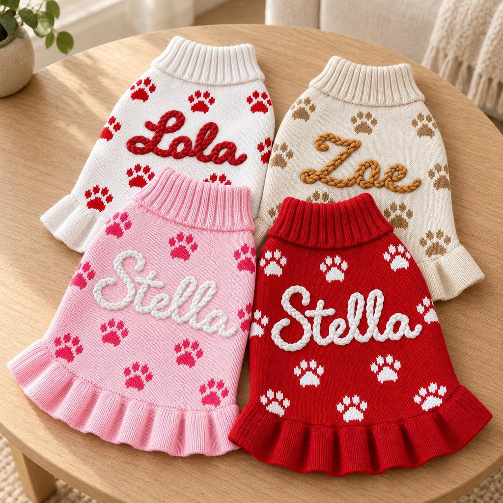 Personalized Dog Dress, Hand-Embroidered Name and Christmas Gift
