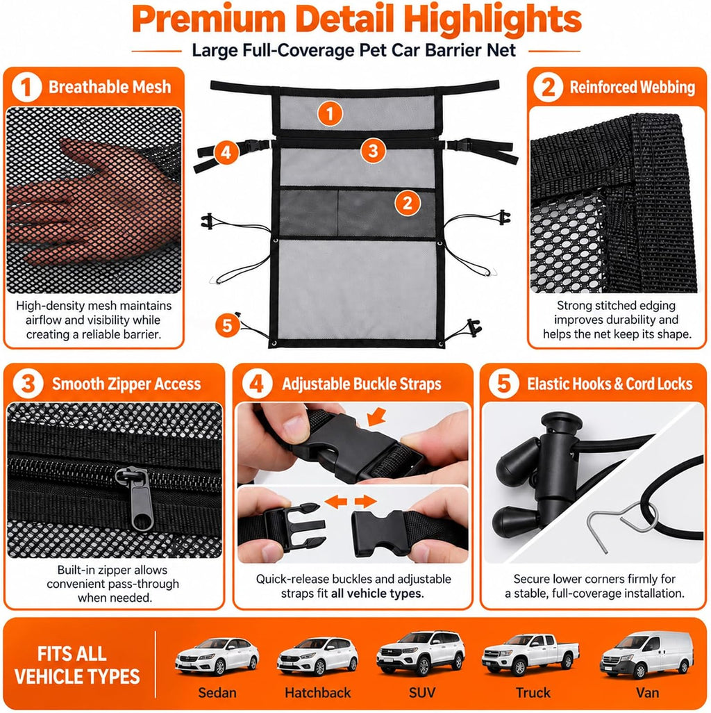 Dog Car Barrier with Mesh Organizer, Heighten Pet Safety Divider for Car