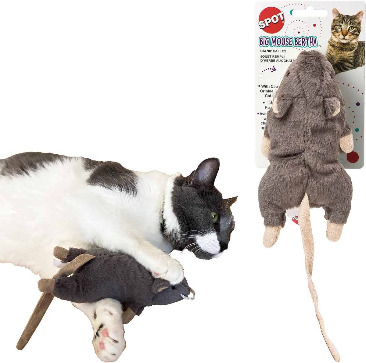 SPOT Big Mouse Bertha Cat Toy with Catnip – Lifelike Plush Mouse, Crinkle Sound, Large 7in Size, for Cuddling, Chasing, 