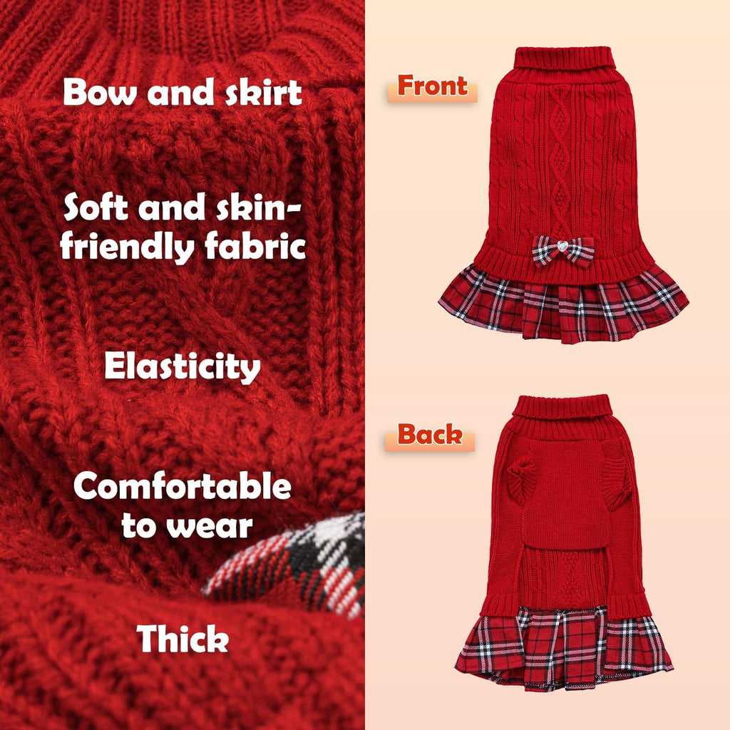 Small Dog Sweater Dress with Bowtie Turtleneck - Knitted Pet Clothes