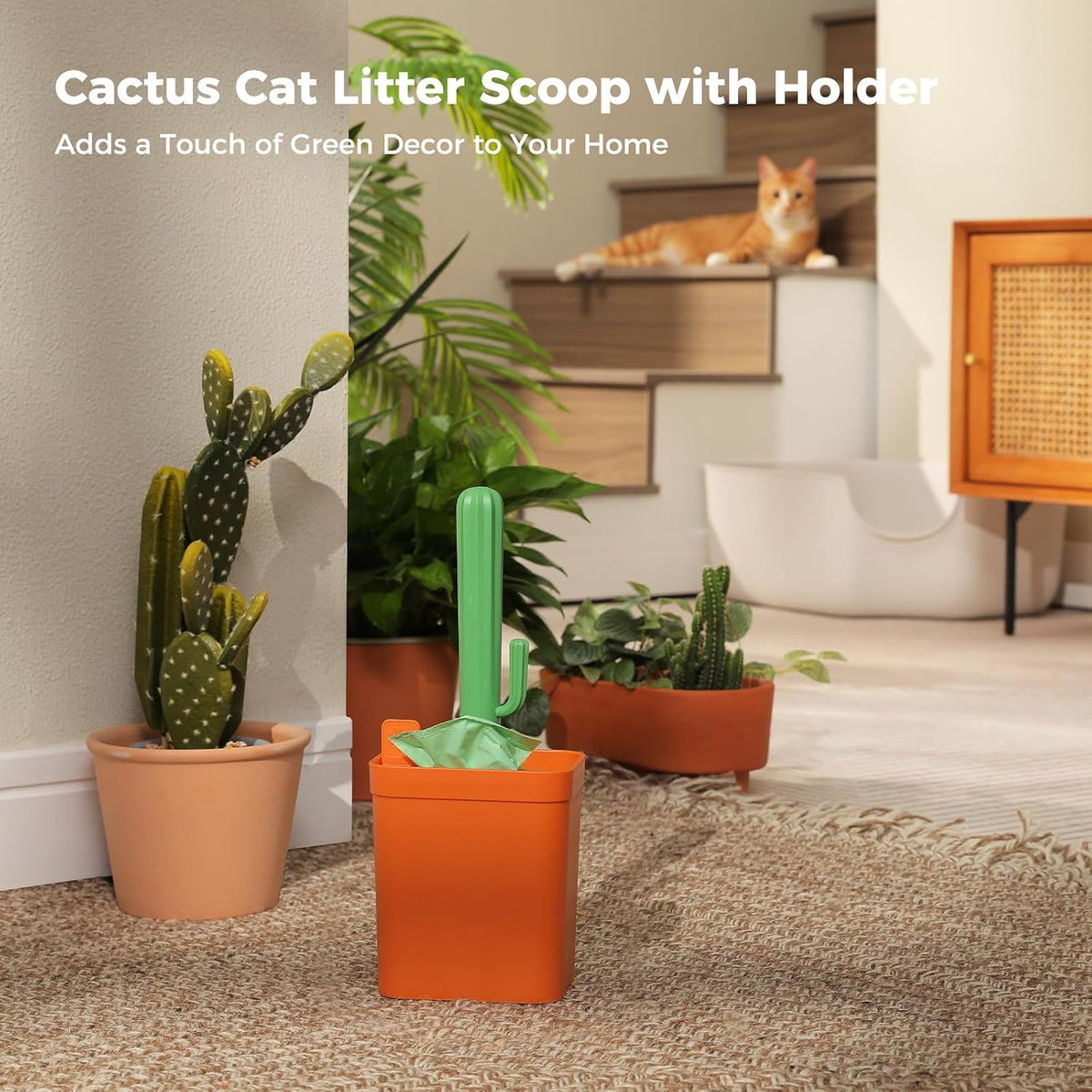 Cactus Cat Litter Scoop with Holder, 3 Replaceable Shovels, Green