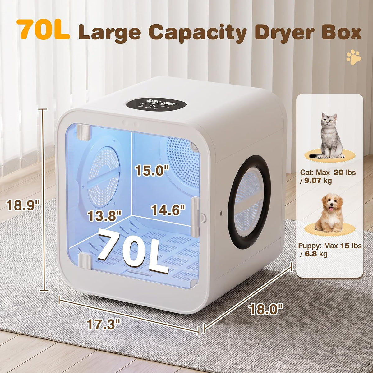 70L Pet Hair Dryer Box, Automatic Dog Dryer for Small Dogs & Cats