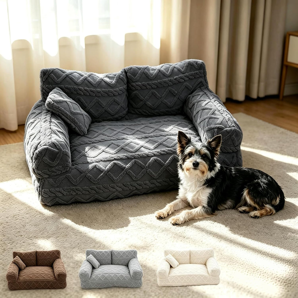 Pet Sofa Dog Cat Plush Calming Pet Sofa Bed for Indoor (Khaki, Small)