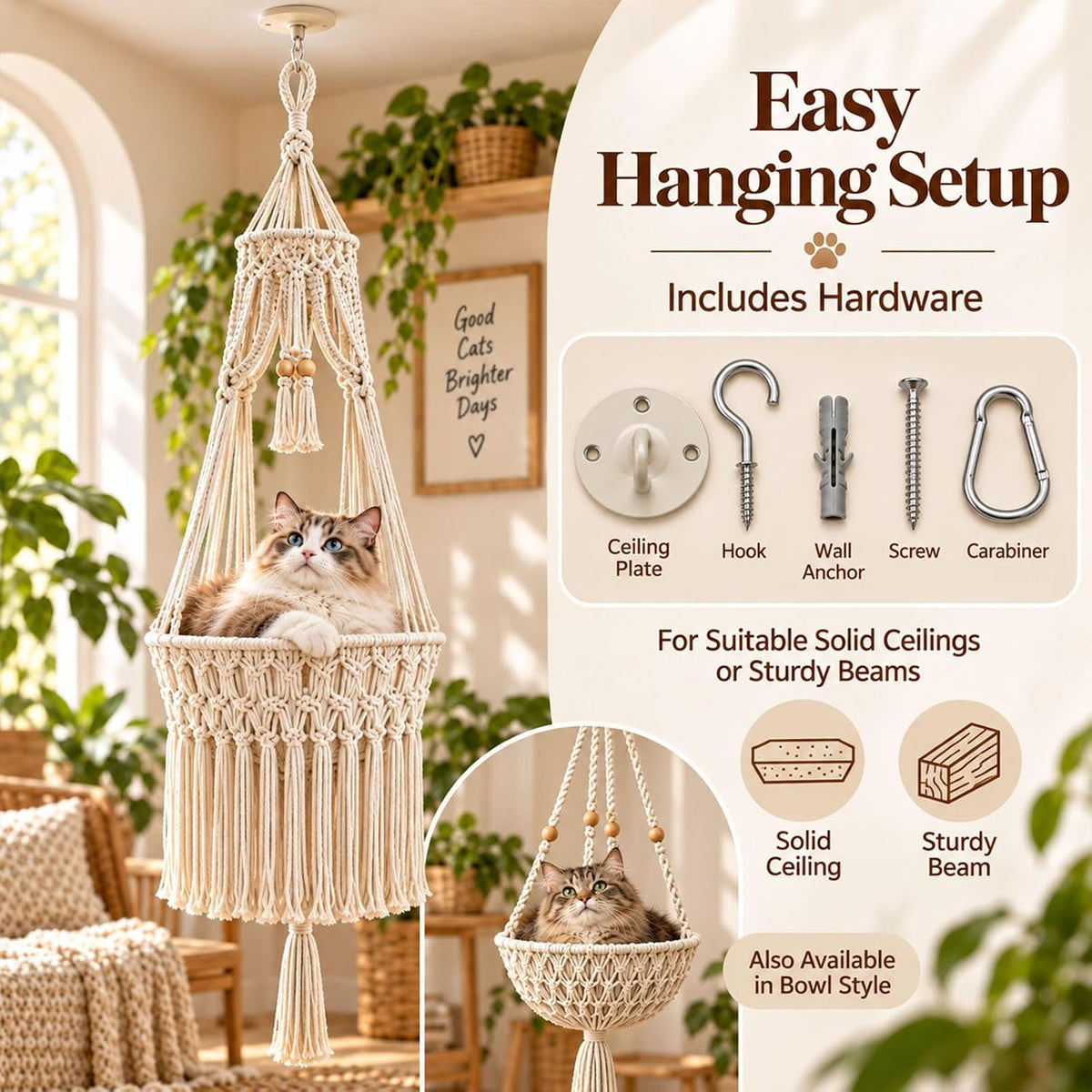 Boho Hanging Cat Bed, Macrame Cat Hammock with Plush Cushion (#A)