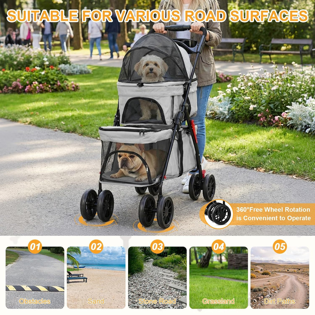 Double Pet Stroller for Cats and Dogs, 2-in-1 Lightweight Foldable Travel Cart with Cup Holder and Foot Brake, Double Do