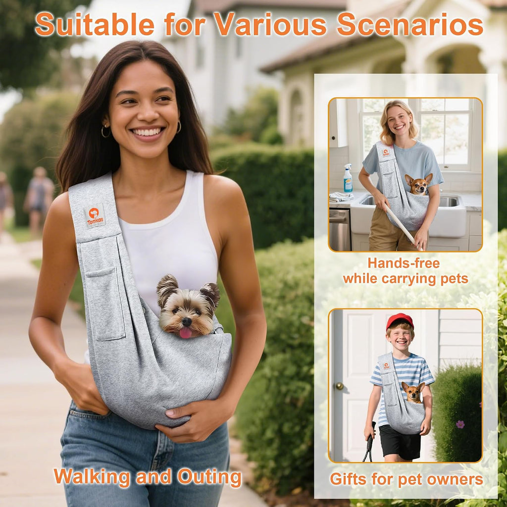 Tomkas Small Dog Cat Sling Carrier Puppy Purse Travel Wrap Soft Crossbody Pet Bag (Gray, M - Classic Pocket & Classic St