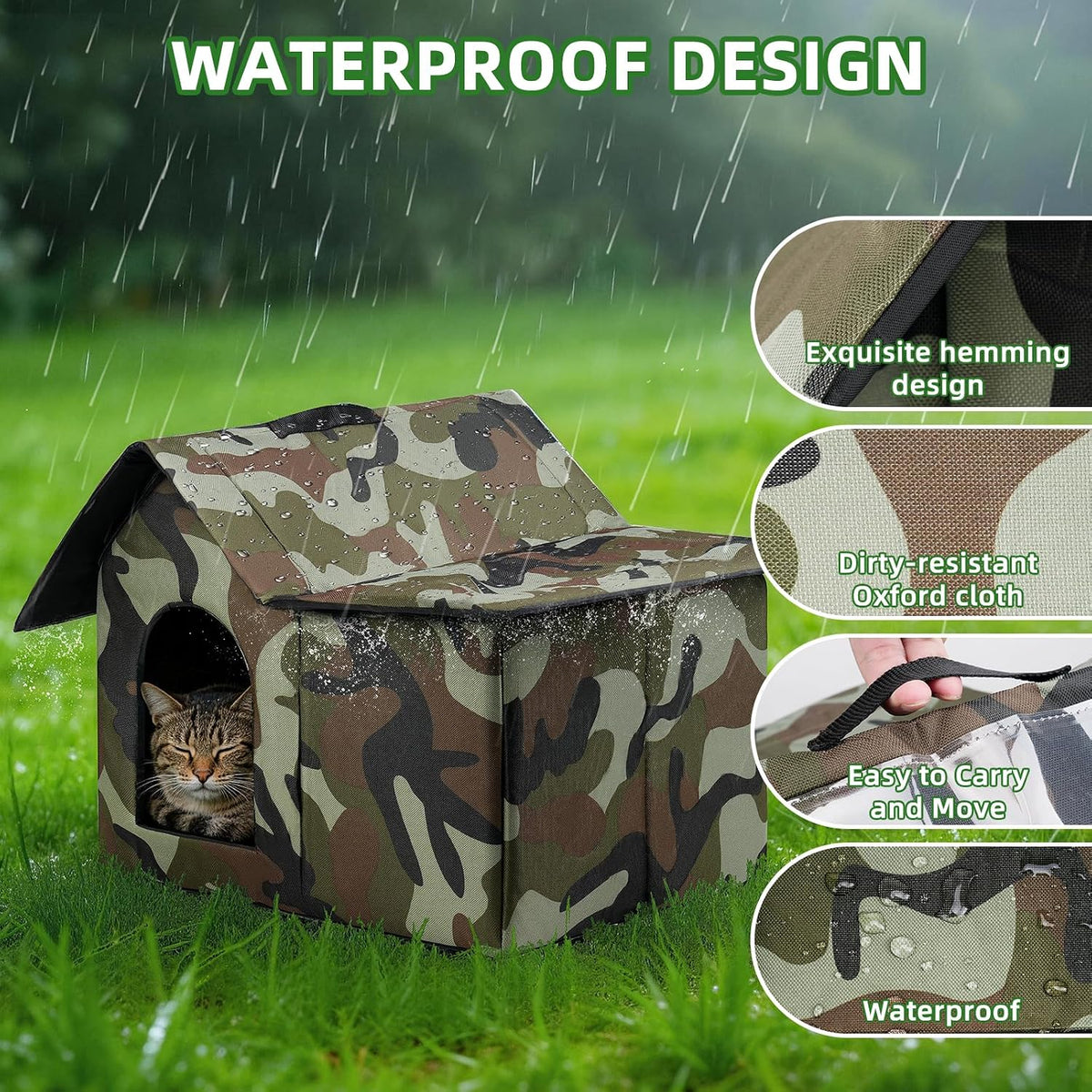 Outdoor Cat House Weatherproof, Large Feral Cat House for Winter, Collapsible Outdoor Cats Shelter with Door and Soft Ma