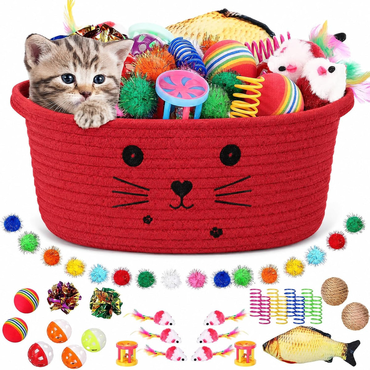 Zopeal 58 Pcs Cat Toy Set with Storage Basket Indoor, Grey, 9.8 Inch