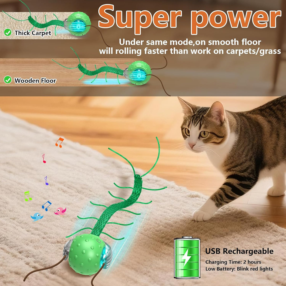 Giociv Interactive Cat Toys for Bored Cats, with Chirping, Centipede Motion Wake-up Super Motor Cat Ball on Rug