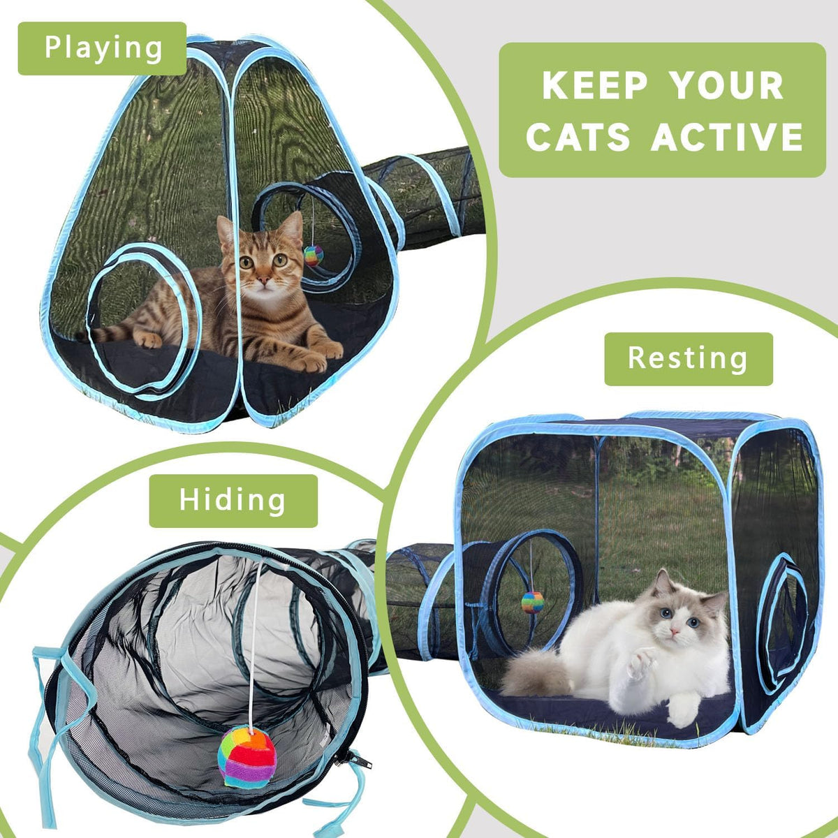 Outdoor Cat Enclosures, Cat Tunnels Catio Tents Cubes for Indoor Cats with Play Ball, Collapsible Outside Playpen Tunnel