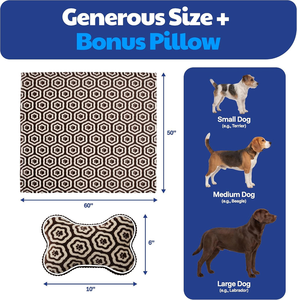 American Kennel Club 60''x50'' Pet Blanket & 10'' Pillow Set, Warm Plush Blanket for Dogs & Cats - Paw Print - Brown