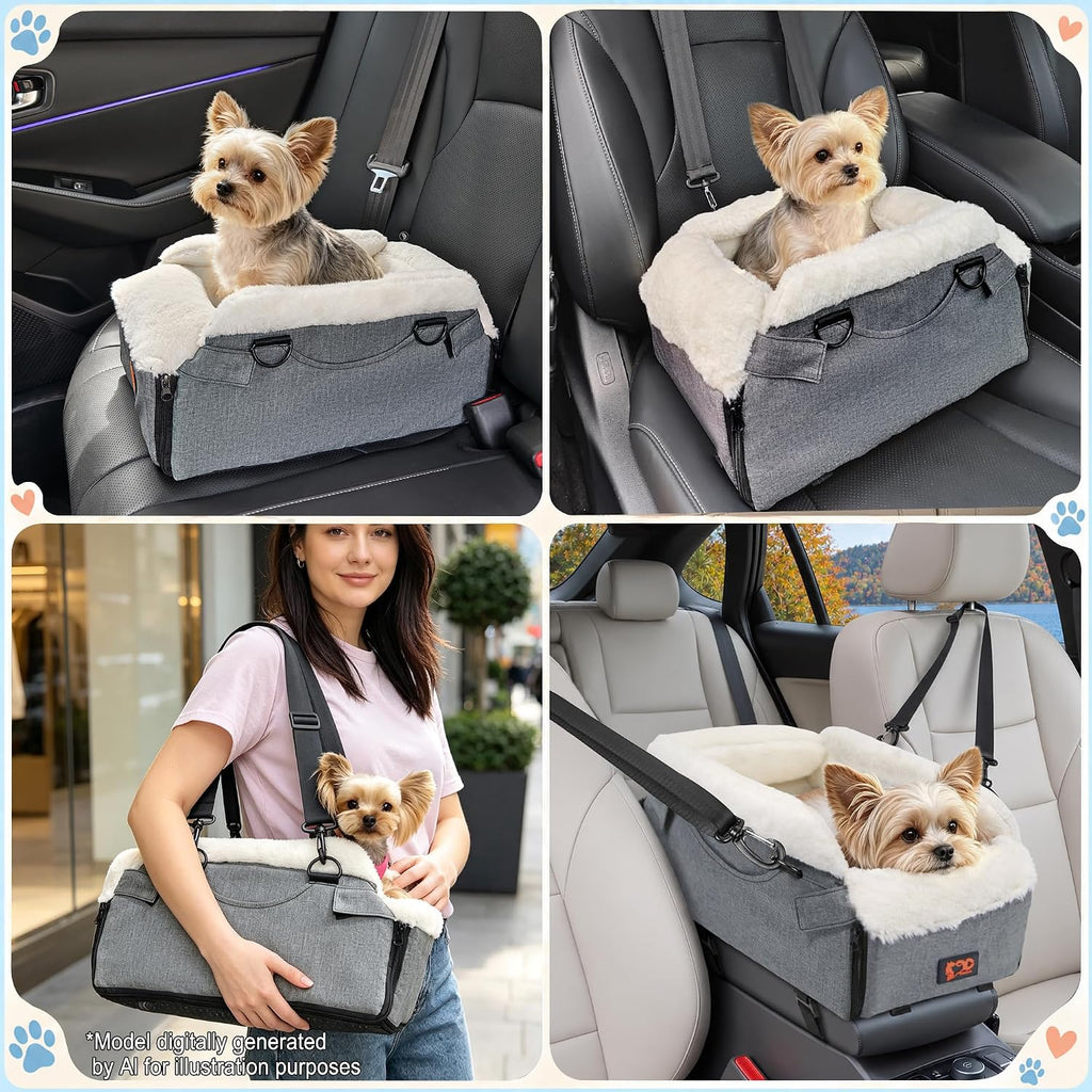 Dog Car Seat for Center Console, Foldable Pet Car Seat for Small Dogs Cats up to 10 lbs, Ultra-Soft Faux Rabbit Fur Pupp