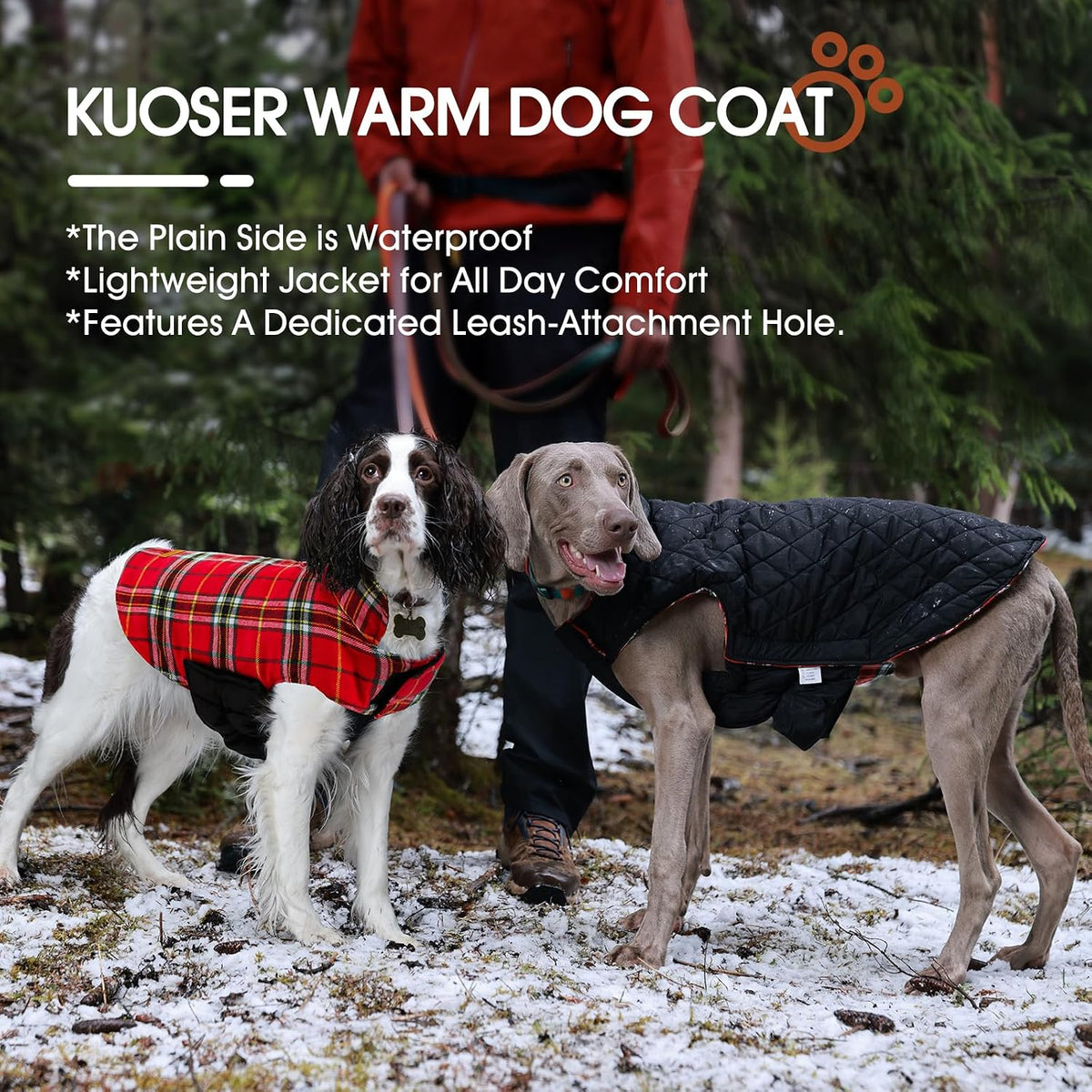 Kuoser Waterproof Dog Coat, Warm Reversible Dog Jacket with Leash Hole