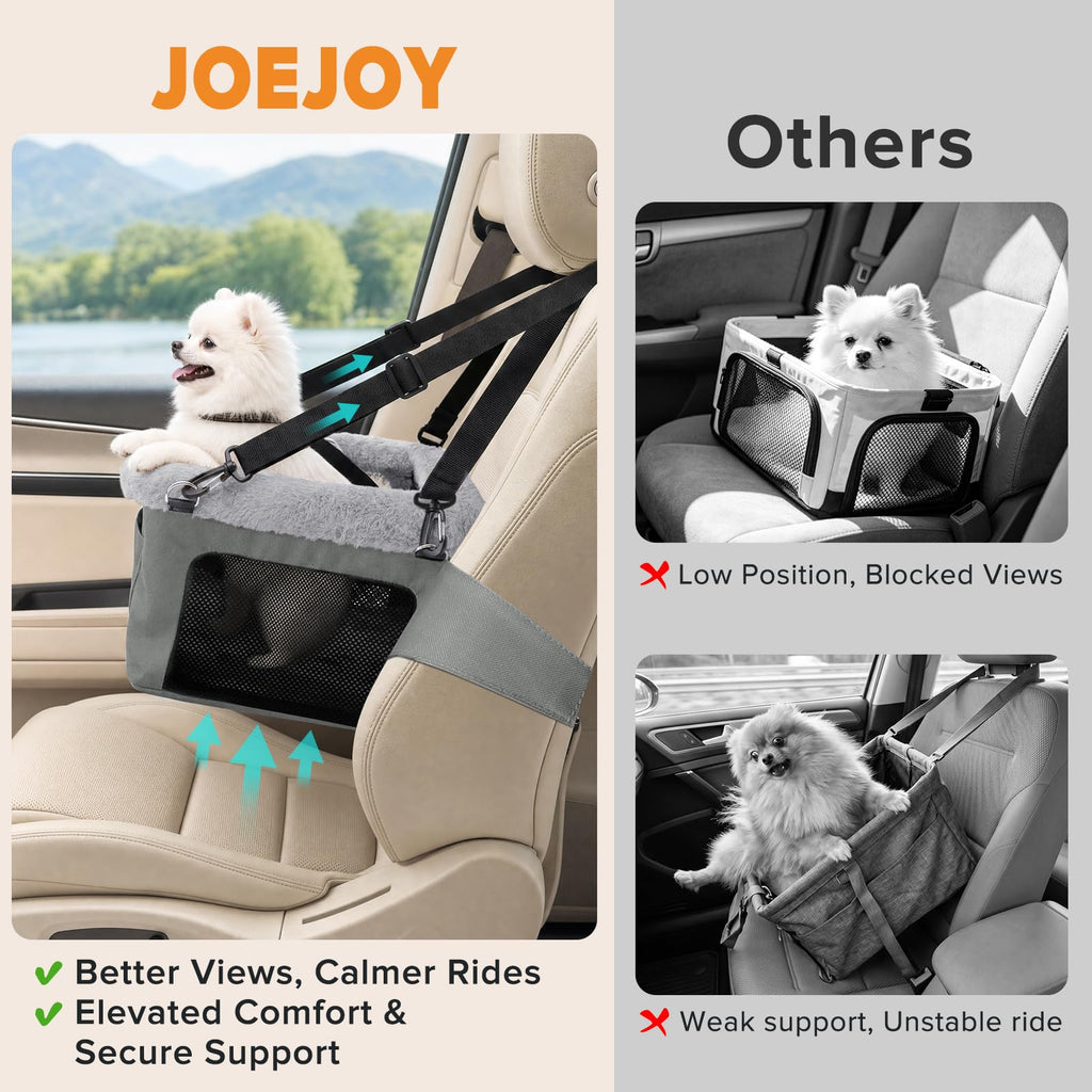 JOEJOY Deluxe Dog Booster Seat with Sturdy Metal Frame and Safety Leash for Small Pets up to 20 lbs - Portable Puppy Dog Car Seat with Thick Cushion and Storage Pockets for Small Dogs, Grey