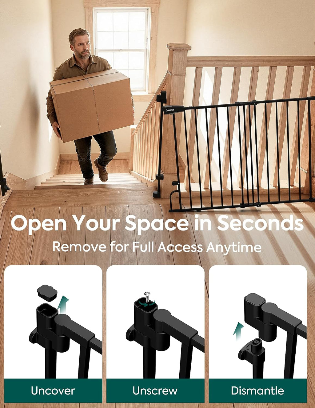 Babelio Removable Baby Gate for Stairs No Bottom Bar, 29-43", 30" H, Black