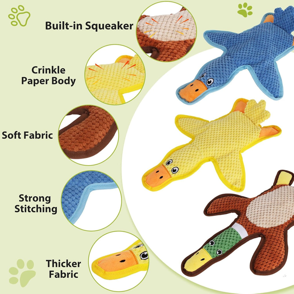 Dog Toys 3-Pack Cute Duck Shapes Puppy Toys No-Stuffing Squeaky and Crinkle Interactive Dog Chew Toy for Small to Large 