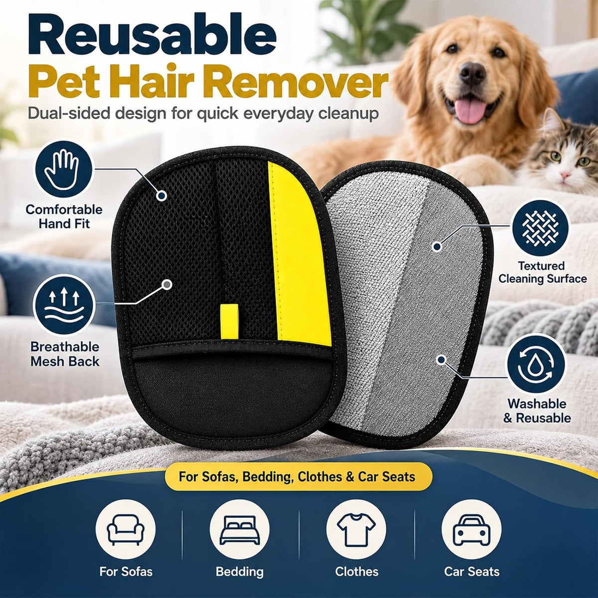 Pure Pet Hair Remover, 2-Pack Reusable Gloves for Couch, Clothes & Car
