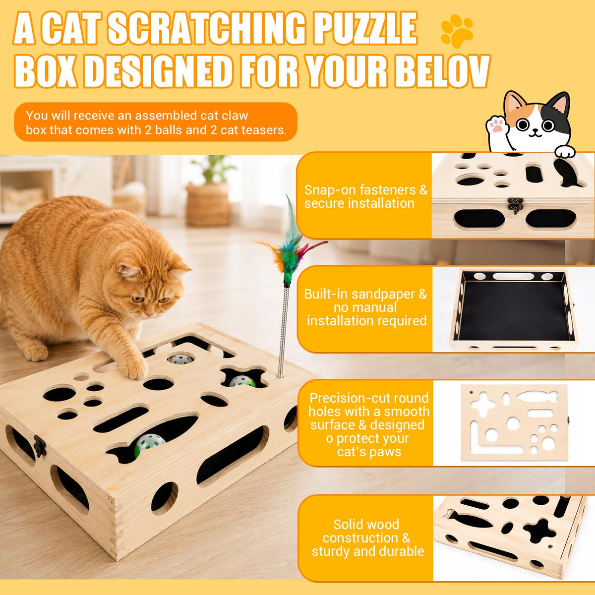 Large Cat Nail File Box, Sturdy Wood Cat Scratch Puzzle Enrichment Box Toy