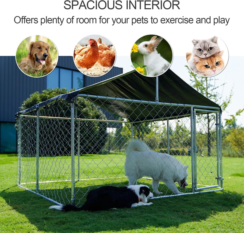 Petony Large Outdoor Dog Enclosure,Heavy Duty Dog Kennel with Roof,Galvanized Steel Dog Cage Fence with Double Safety Lo