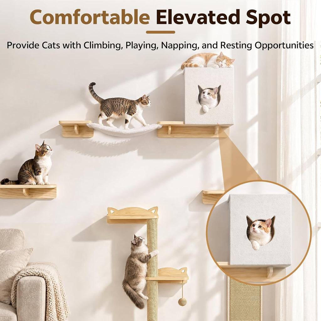 Wood Cat Wall Shelves, 11-in-1 Set, Wall Mounted Cat Shelf, Beige