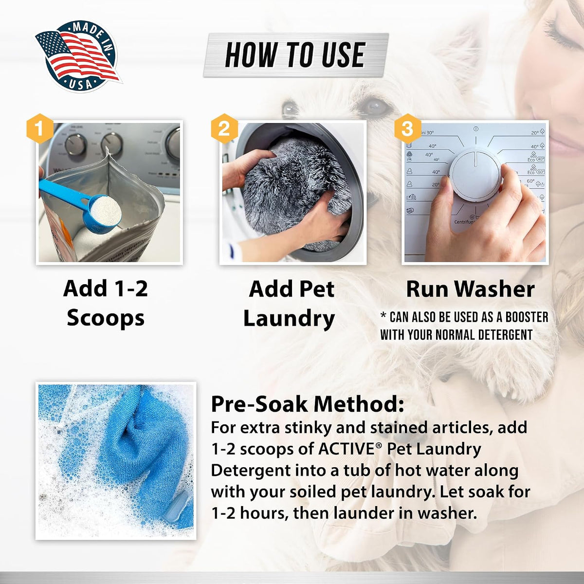 Pet Laundry Detergent Odor Remover - ACTIVE Enzyme Based Powder Detergent for Dogs Beds, Cat Pee, HE Washer Friendly Nat