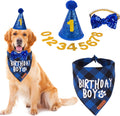 Dog Birthday Hat Bandana Set, Blue Plaid Boy Dog Bandana, X-Large