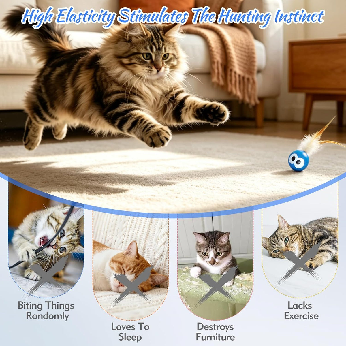 4 Pack Bouncing Ball Cat Toys, Elastic Rubber Balls with Feather Tails