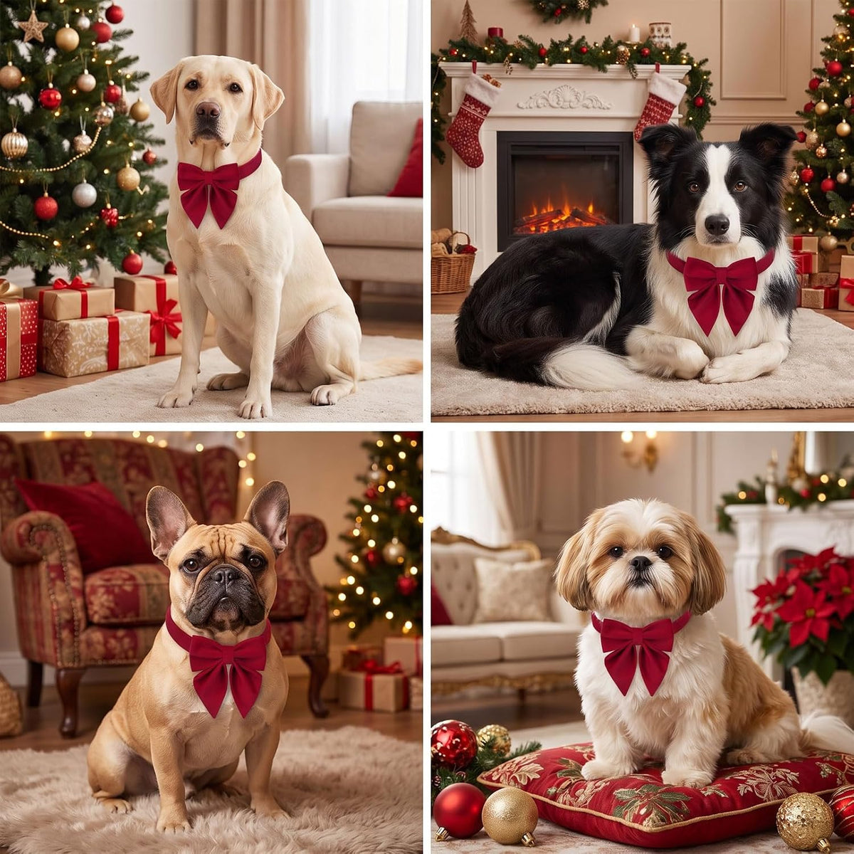 PTDECOR Velvet Dog Collar, Red Christmas Dog Collar with Bowtie, Small