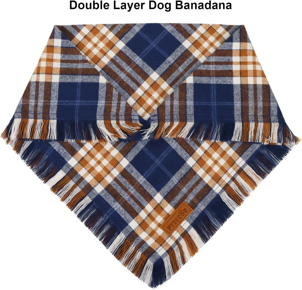 PTDECOR Fall Plaid Dog Bandana with Tassels,Thanksgiving Pet Scarf, Large