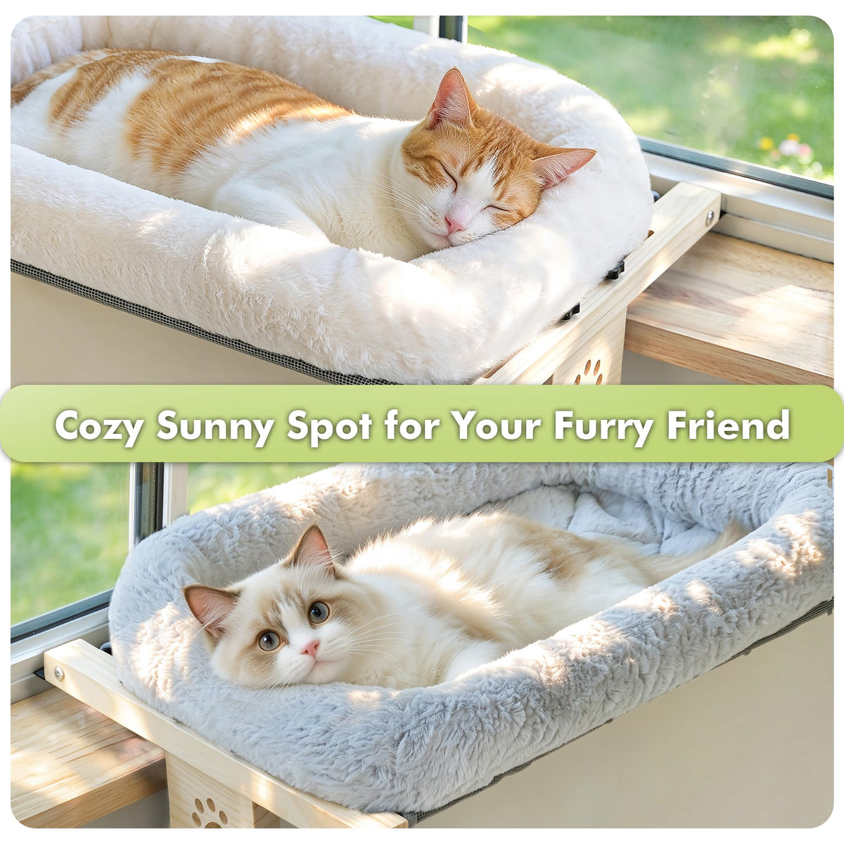AMOSIJOY Wooden Cat Windowsill Perch with Zipper Cushion Bed, 24.4in