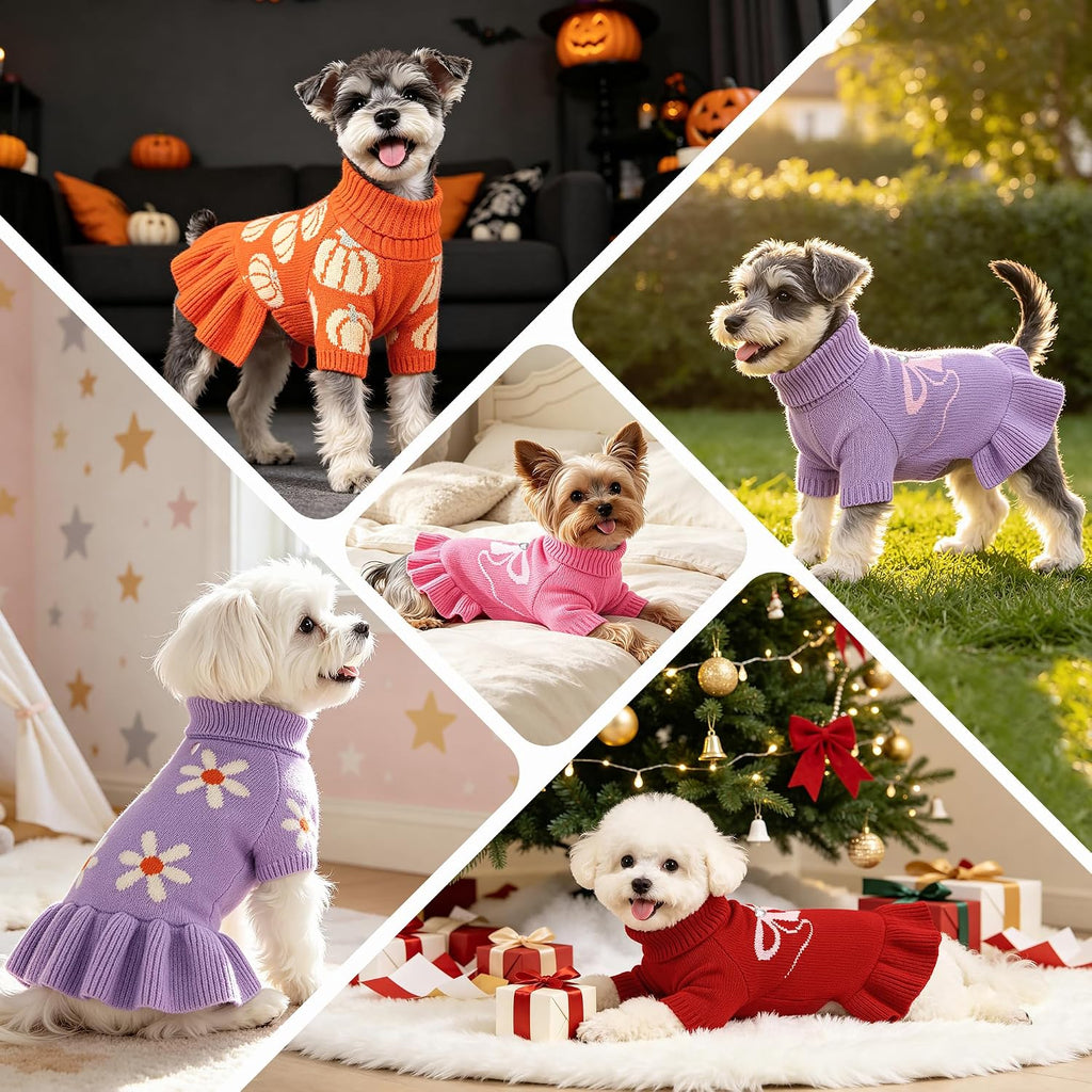 WOYYHO Small Dog Sweater Dress with Pumpkin Print, Halloween Dog Clothes