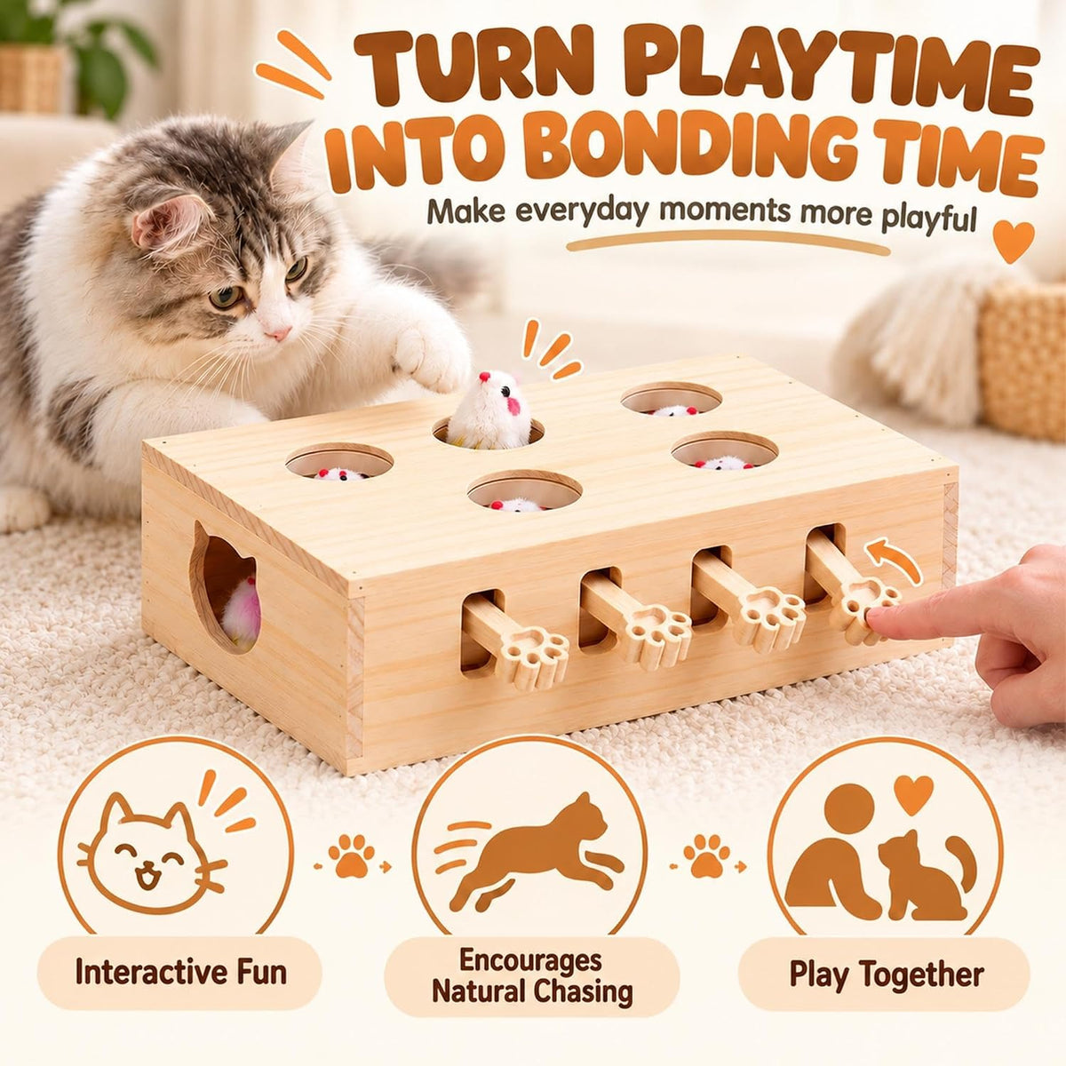Wooden Whack-A-Mole Pet Game for Dog Cat Interactive Pop Up Puzzle Box, Solid Wood Interactive Cat Toy for Boredom Relie
