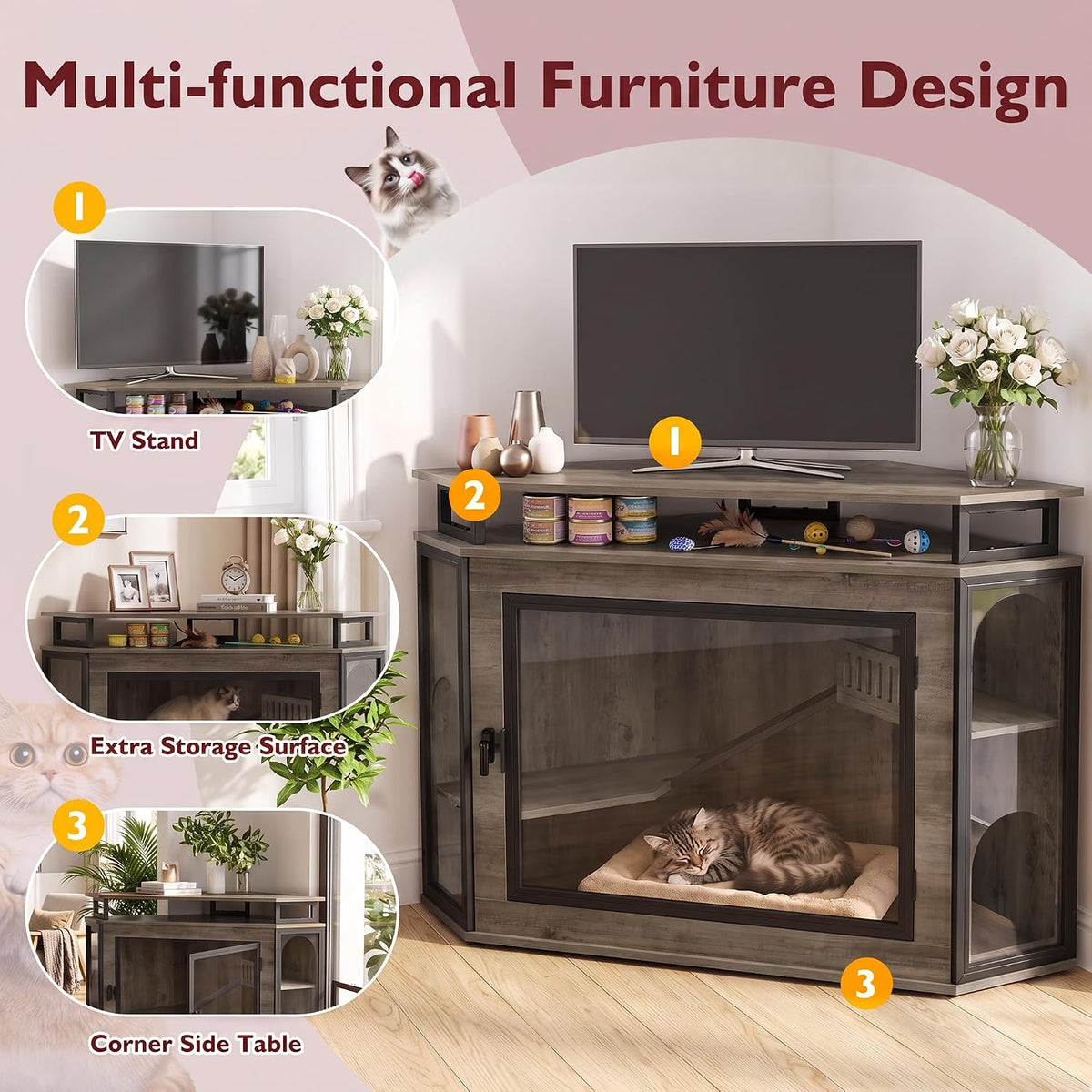 48" Corner Cat Cage Furniture w/2-Tier Shelves, Large Cat House