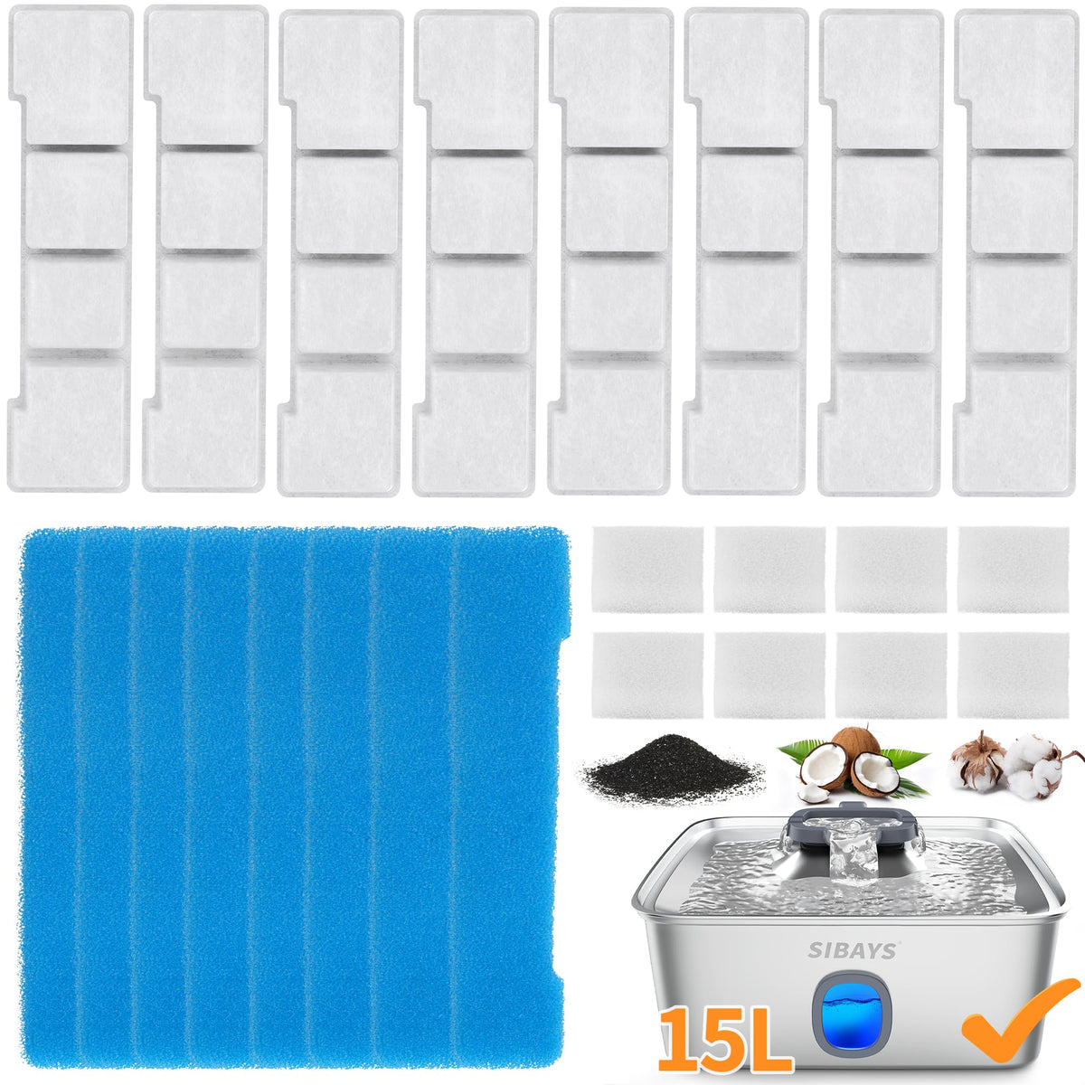 SIBAYS Dog Water Fountain Filter Replacement, 4Gal/15L Pet Fountain Filters, Made of Activated Carbon and PP Cotton, 8 Pet Water Fountain Filters, 8 Pre-Filter Sponge with 8 Pump Sponge(Model: L05)