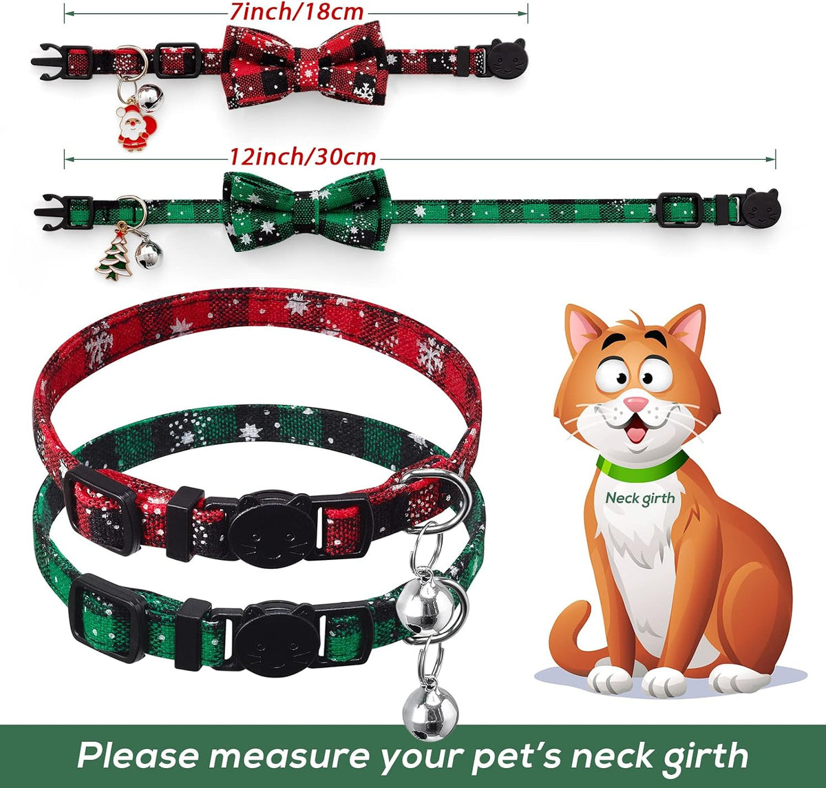 LLHK 4 Pack Christmas Cat Collars with Bow Tie and Bell,Breakaway Kitten Collar for Girl Boy Cats,Adjustable 7-12inch, f
