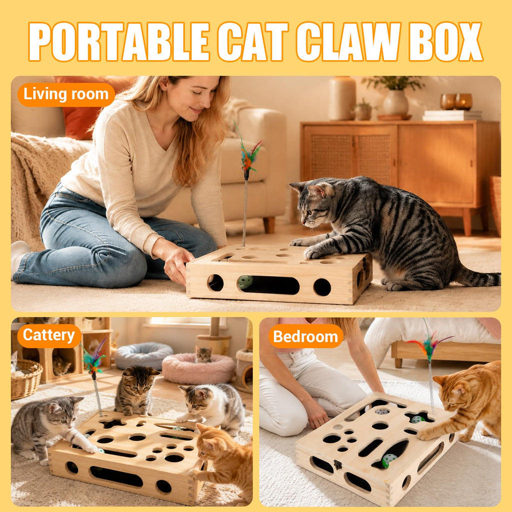 Large Cat Nail File Box, Sturdy Wood Cat Scratch Puzzle Enrichment Box Toy