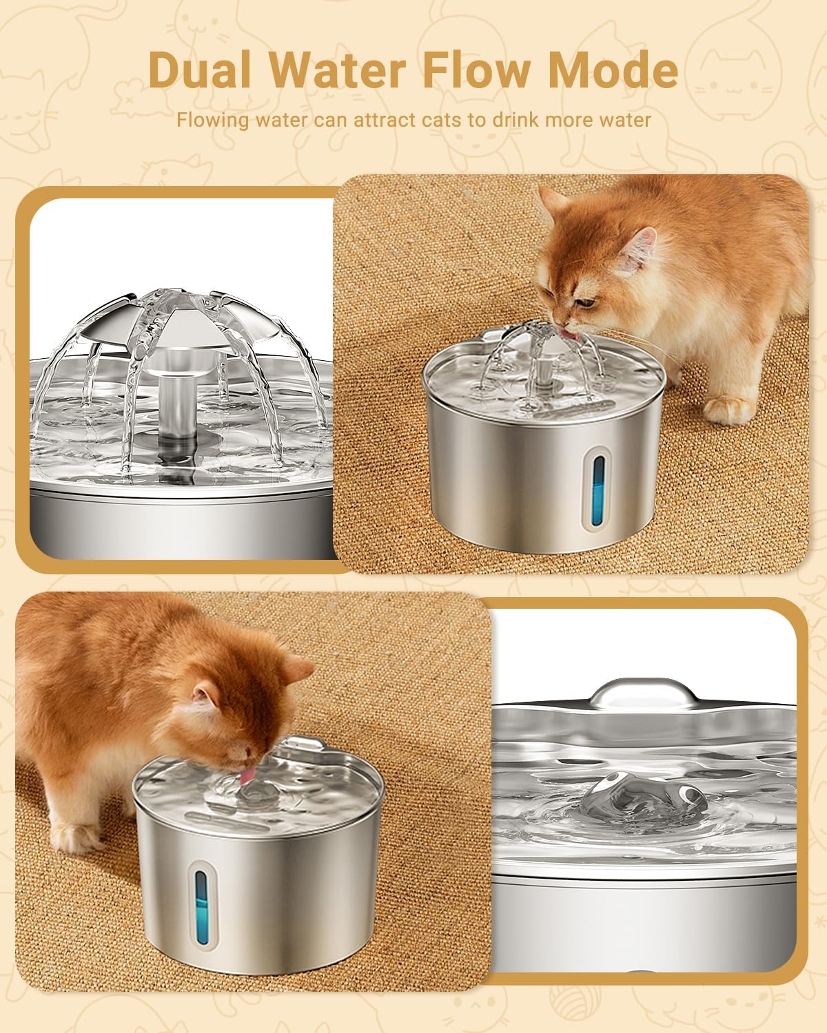 Cat Water Fountain Stainless Steel - 74oz/2.2L Automatic Large Pet Watering Bowl Dispenser for Indoor Dogs - Drinking Fo