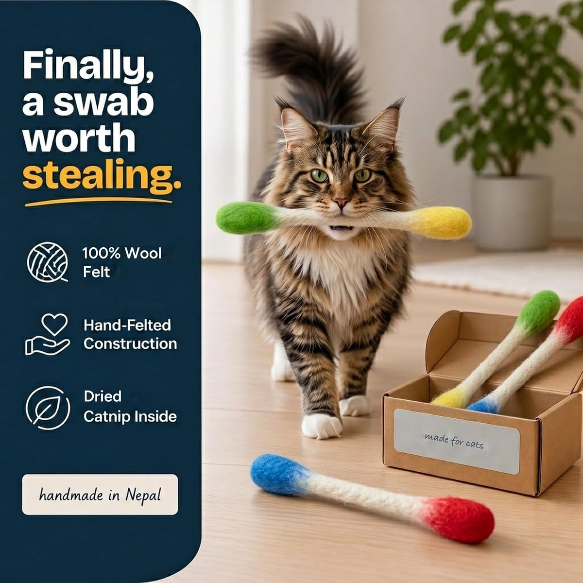 Glaciart One XXL Swabs Cat Toys with Catnip - 2 Pk | Durable for Chew, Cute Cat Toys Interactive Kitty for Boredom, Exer
