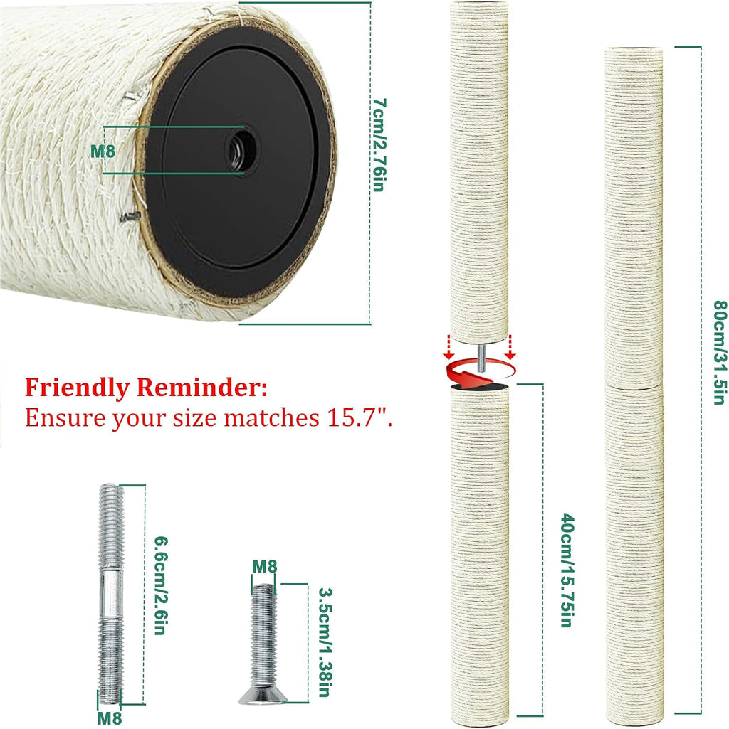 Cat Scratching Post Replacement Pole, 2 PCS 15.7in Cat Tree Replacement Post, Natural Sisal Cat Tree Replacement Parts w