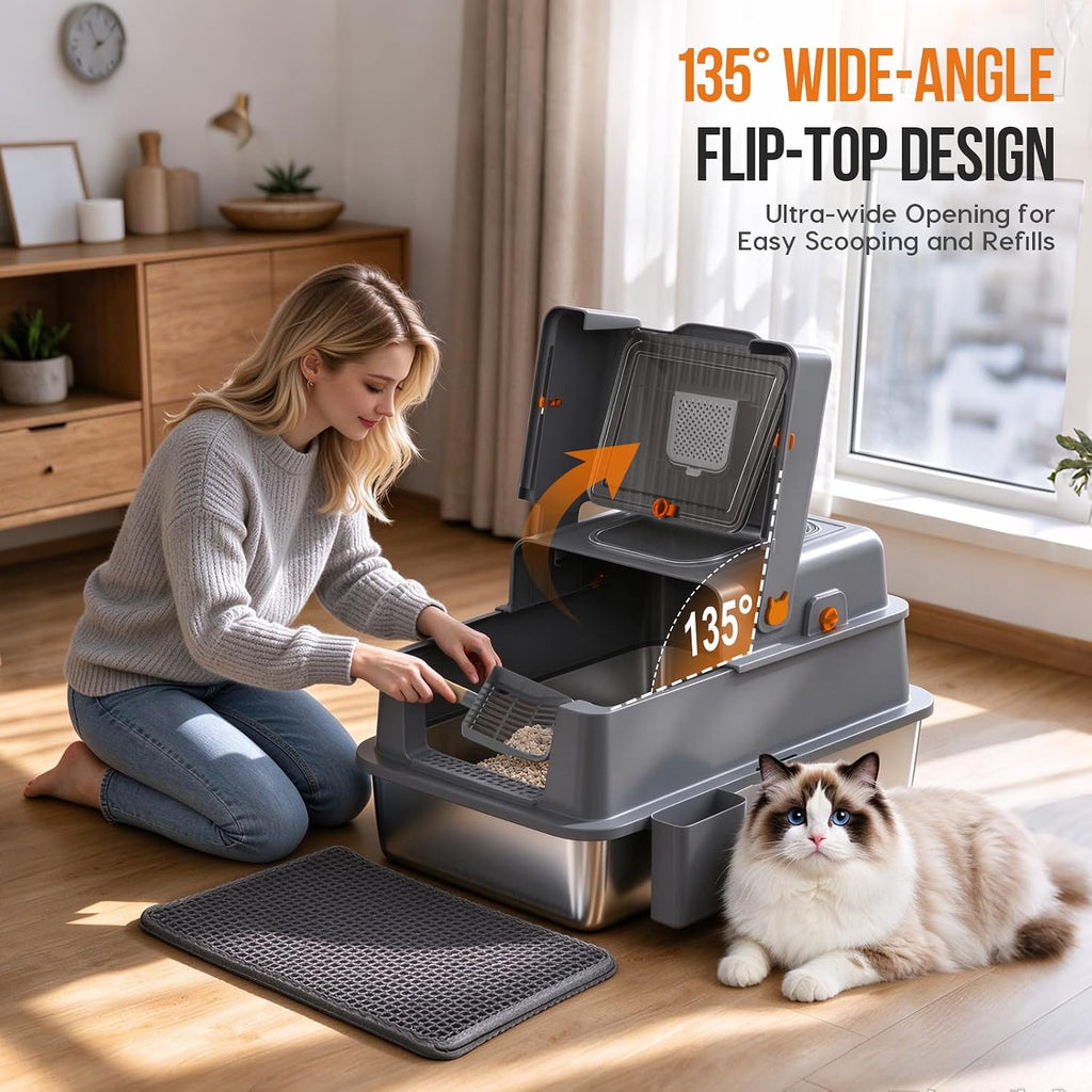 XXXL Stainless Steel Cat Litter Box, Enclosed Cat Litter Box