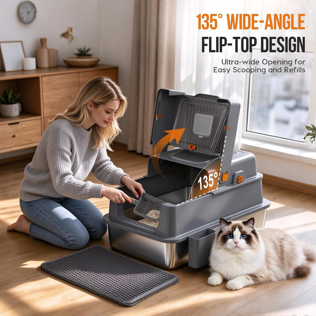 XXXL Stainless Steel Cat Litter Box, Enclosed Cat Litter Box