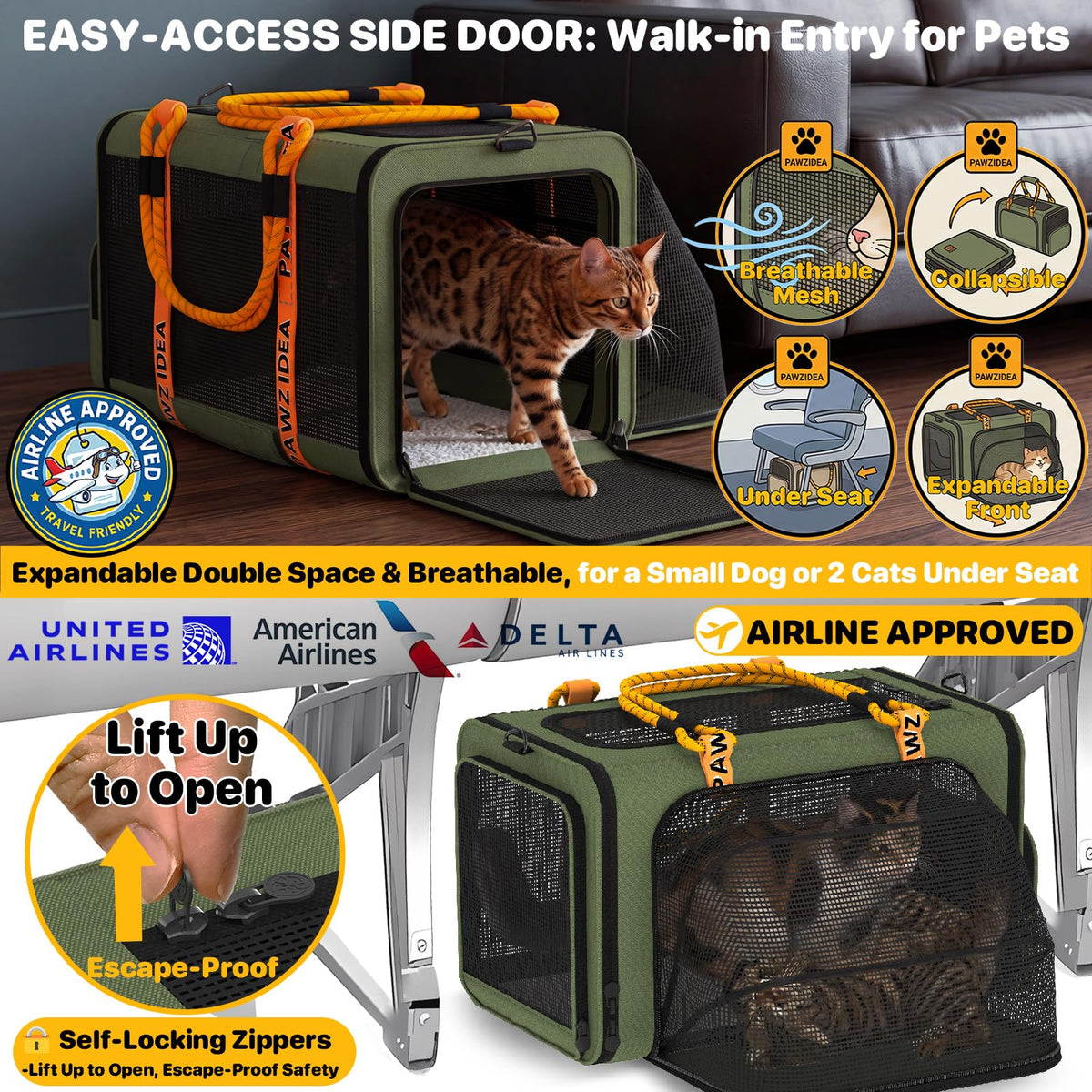 PAWZIDEA Expandable Pet Carrier for Small Cats & Dogs, TSA Airline Approved